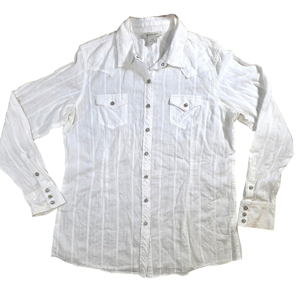 Ariat Womens White Silver Metallic Stripe Western Shirt Rhinestone Buttons L
